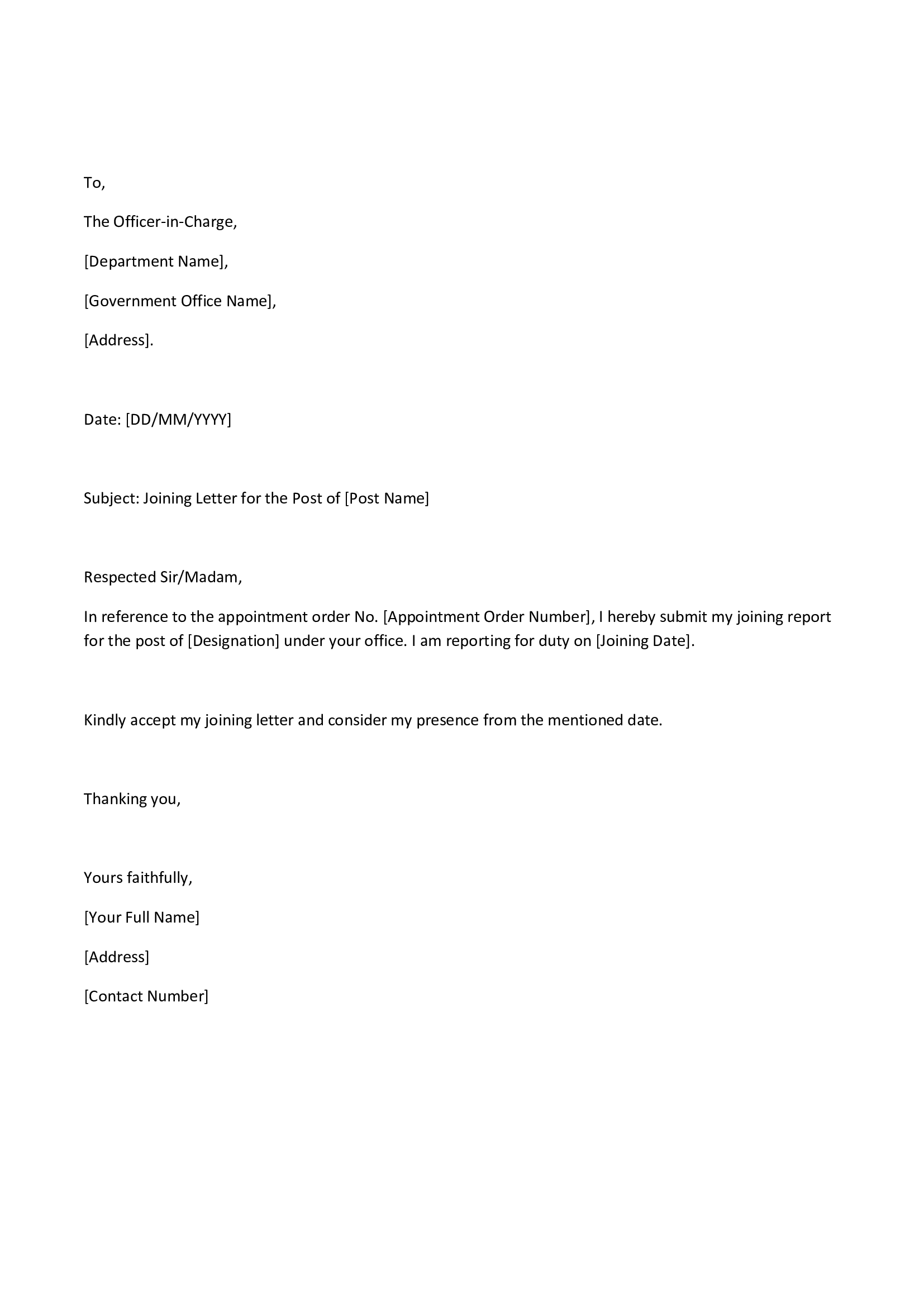 Joining Letter Format for Government Job