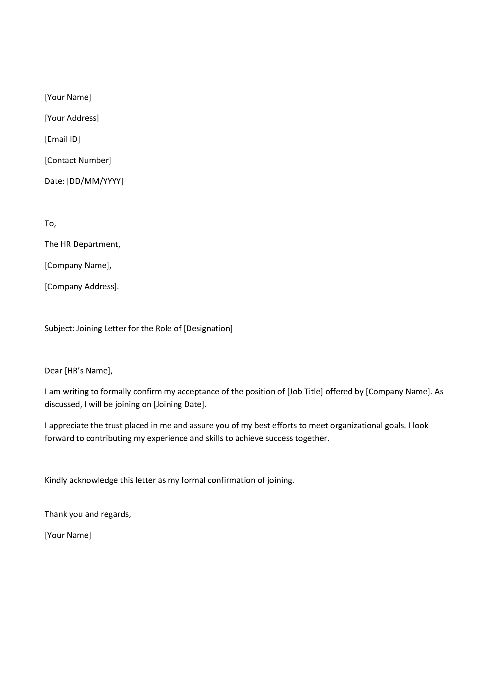 Joining Letter Format for Experienced Employees