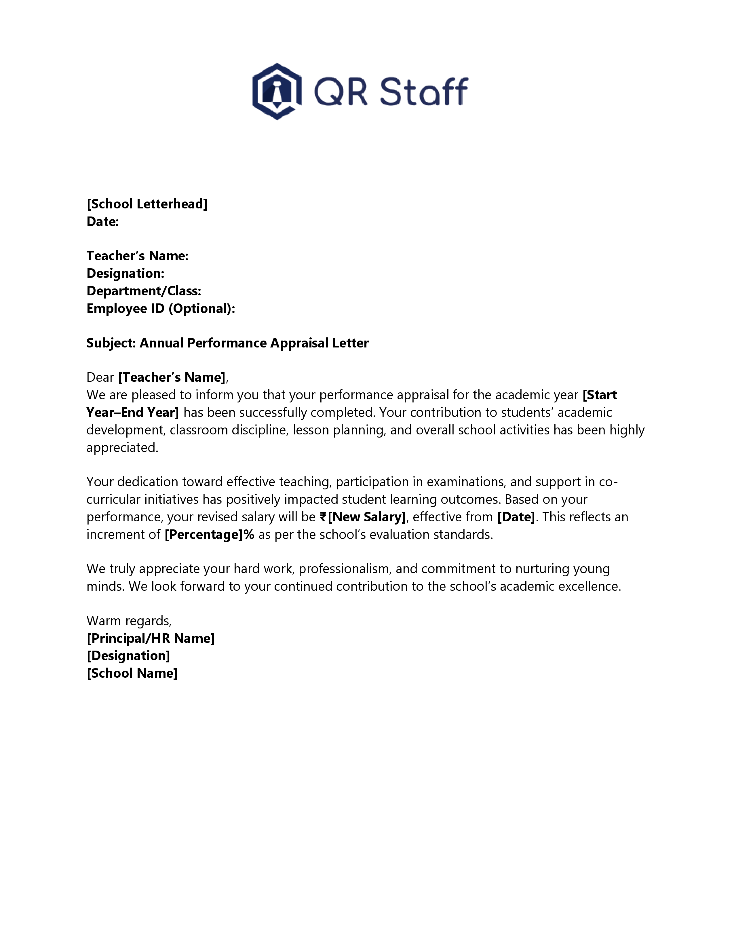 Appraisal Letter Format for Teachers