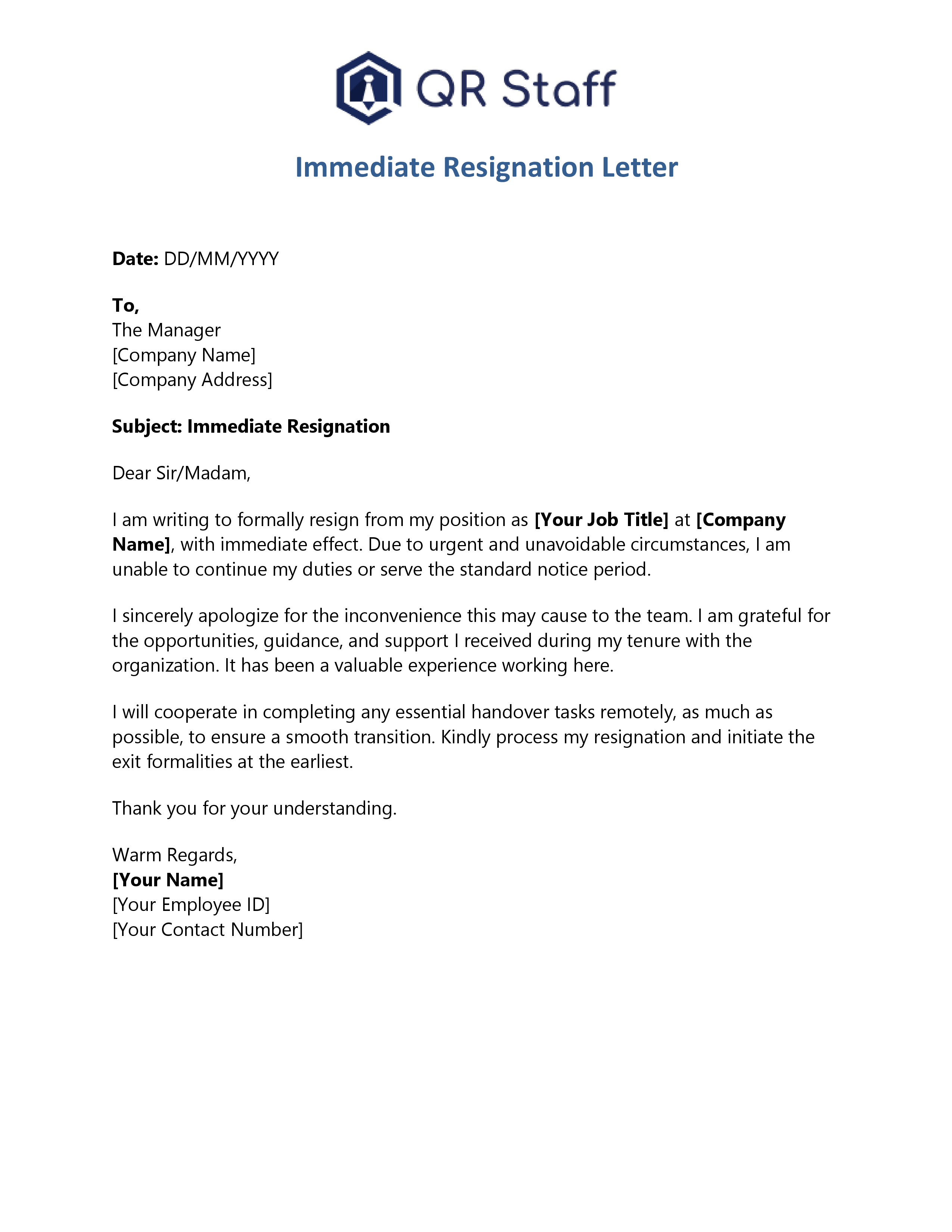 Immediate Resignation Letter