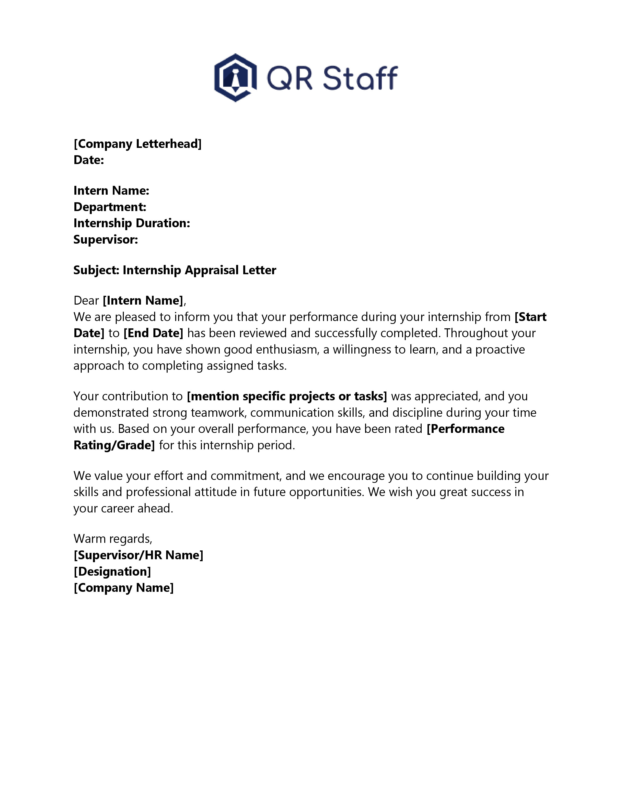 Appraisal Letter Format for Internship