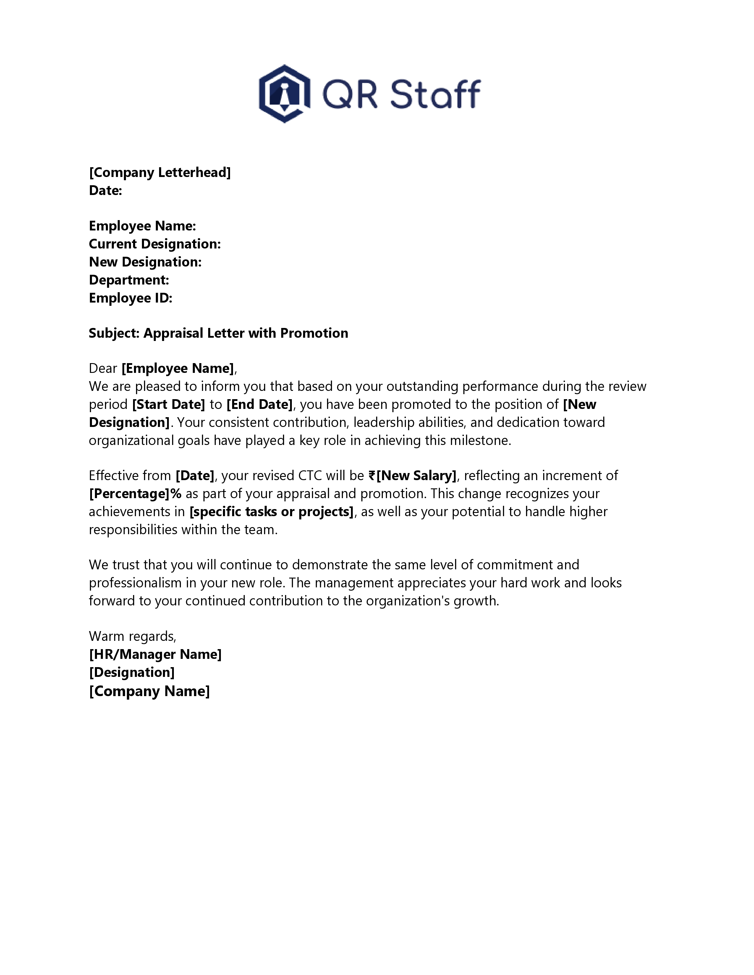 Appraisal Letter Format for Promotion