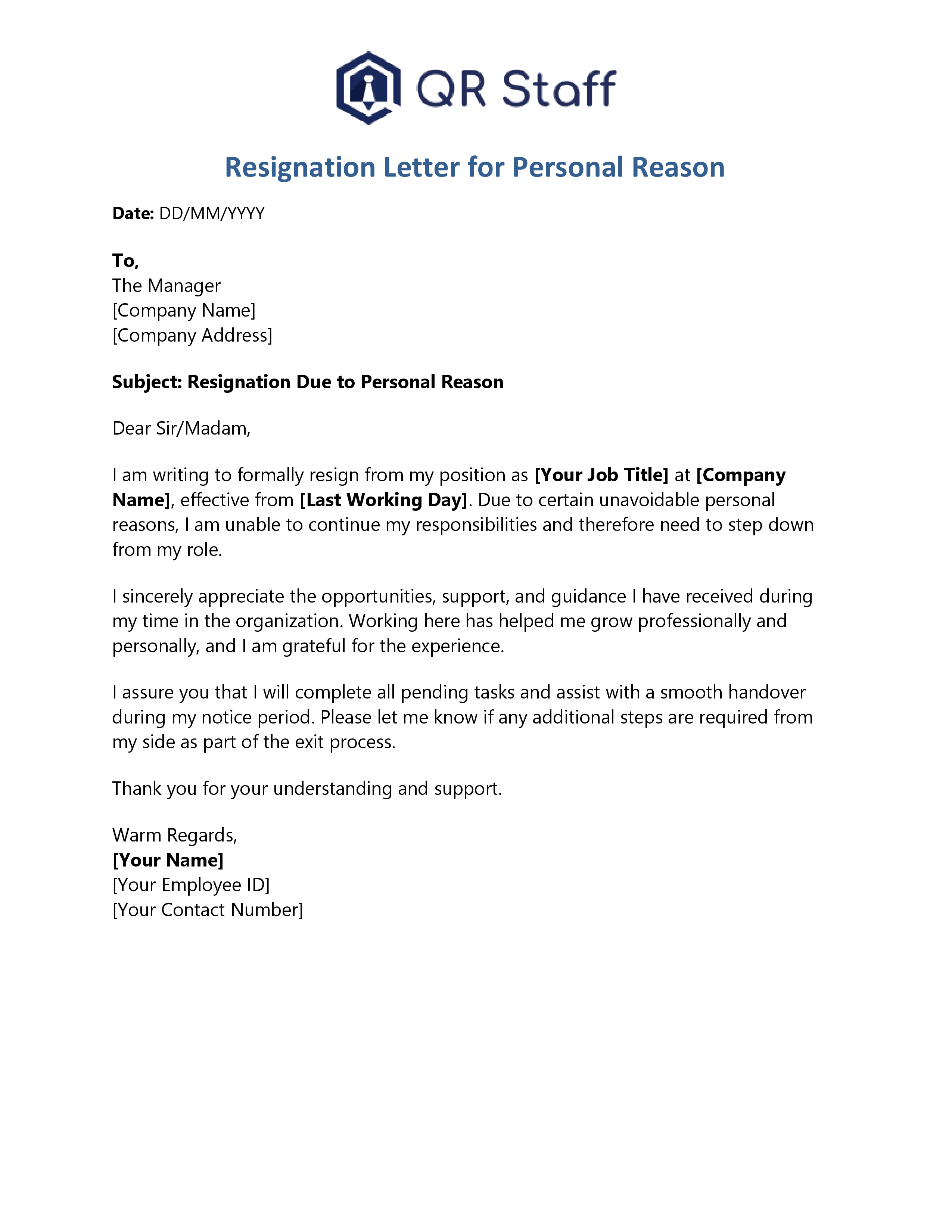 Resignation Letter for Personal Reasons