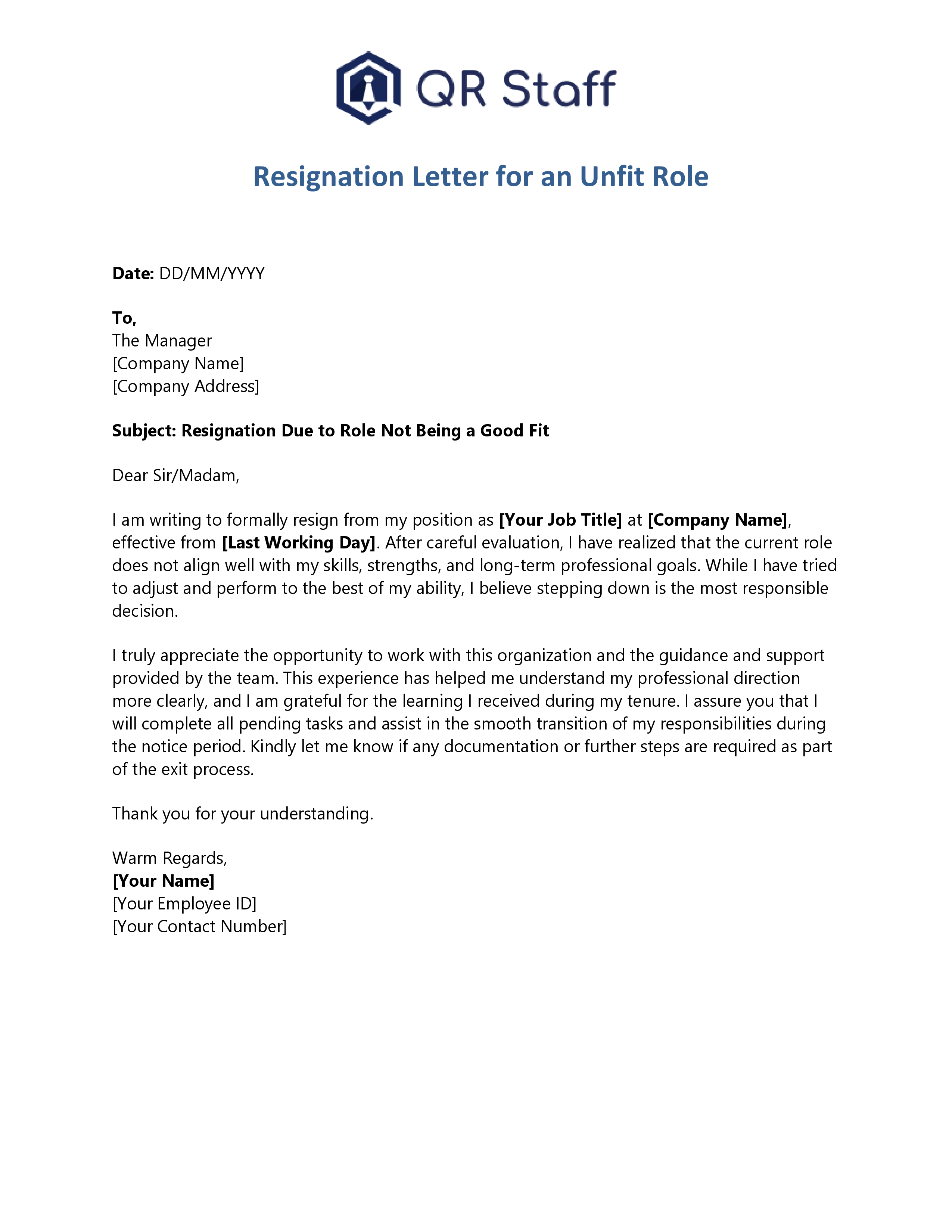 Resignation Letter for an Unfit Role