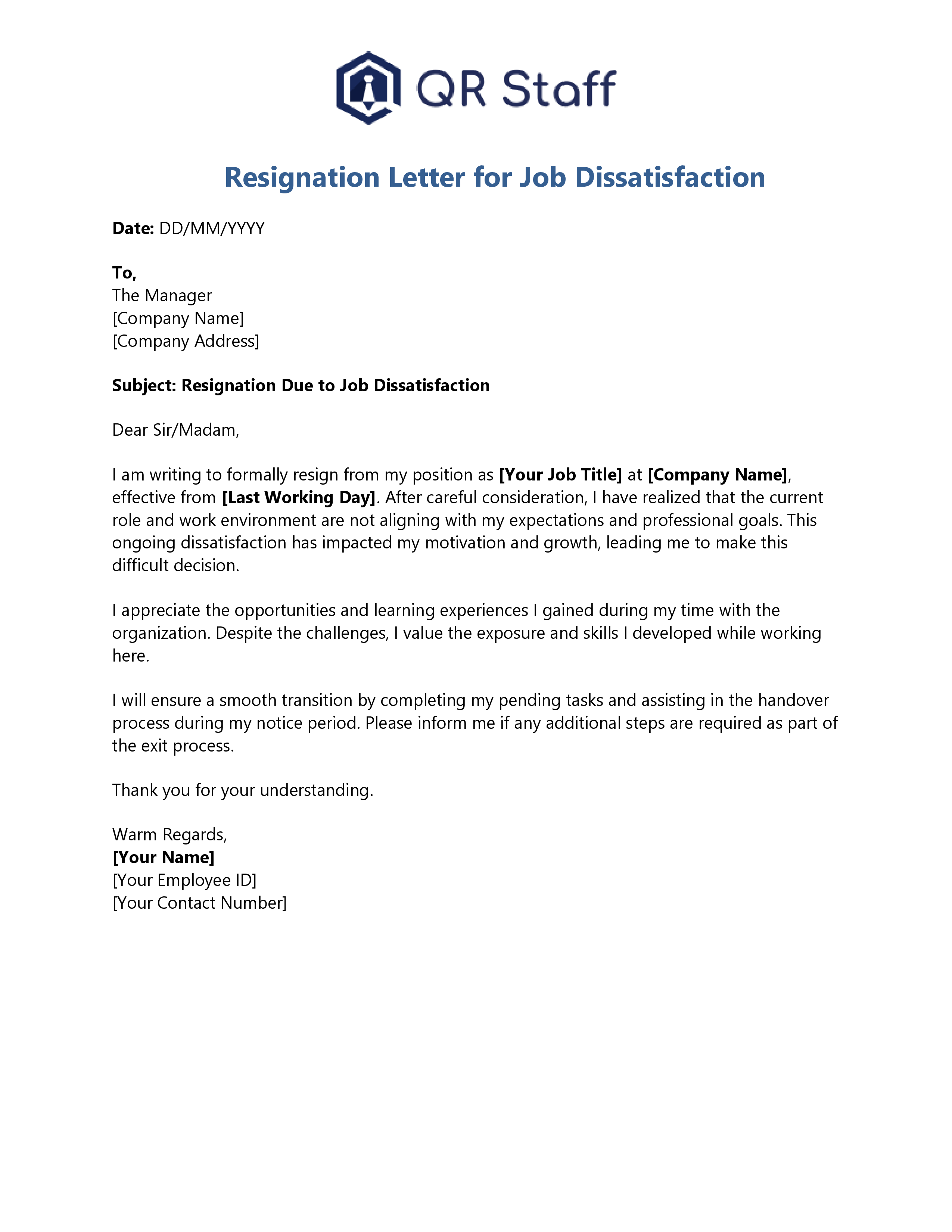 Resignation Letter for Job Dissatisfaction