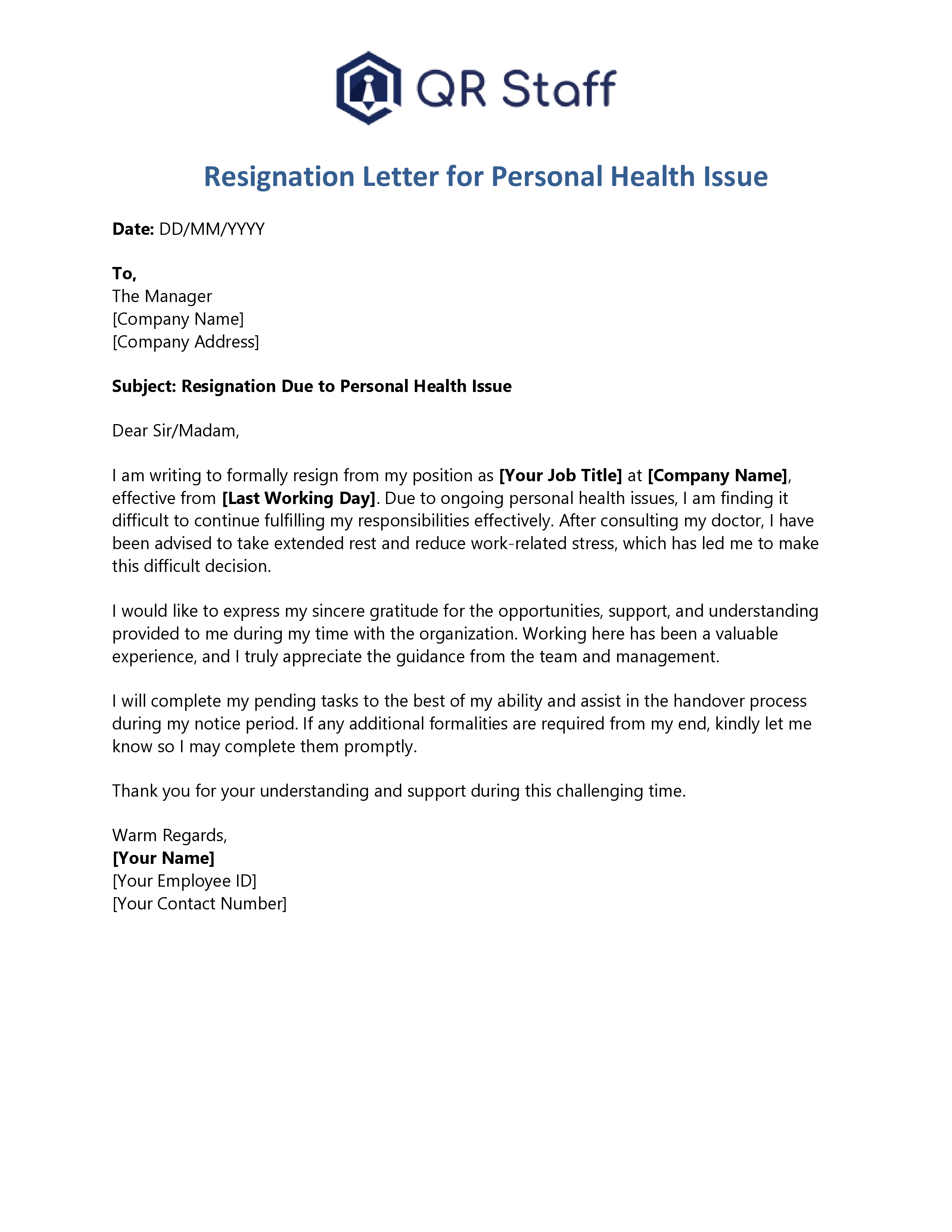 Resignation for Personal Health Issue