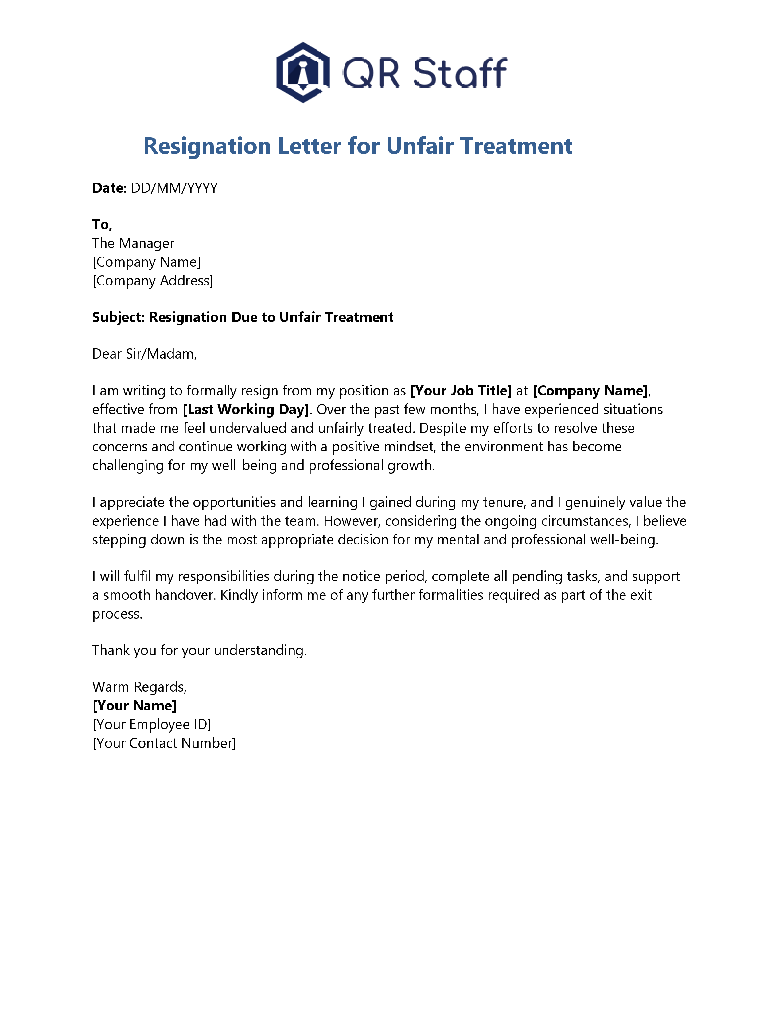 Resignation Letter for Unfair Treatment