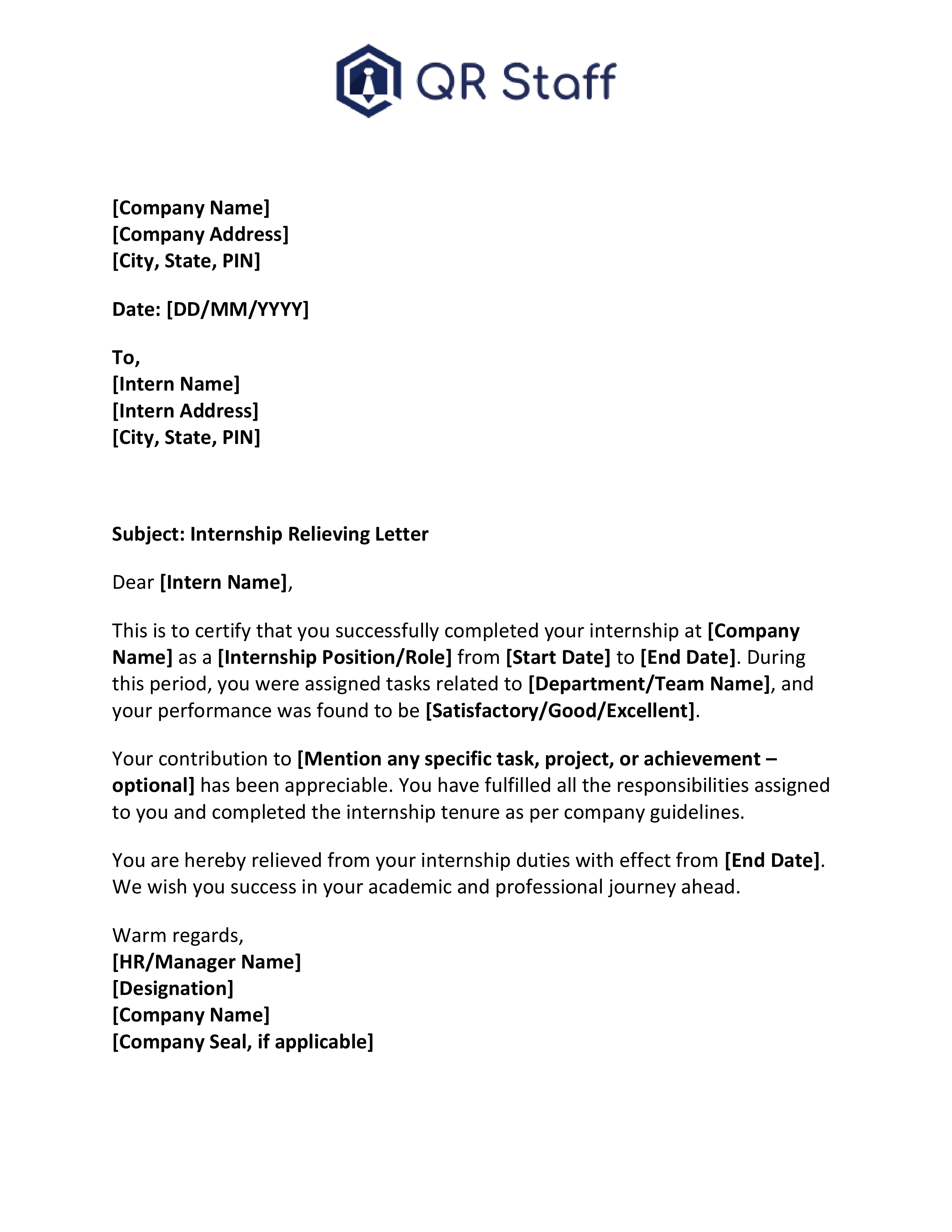 Relieving Letter for Internship