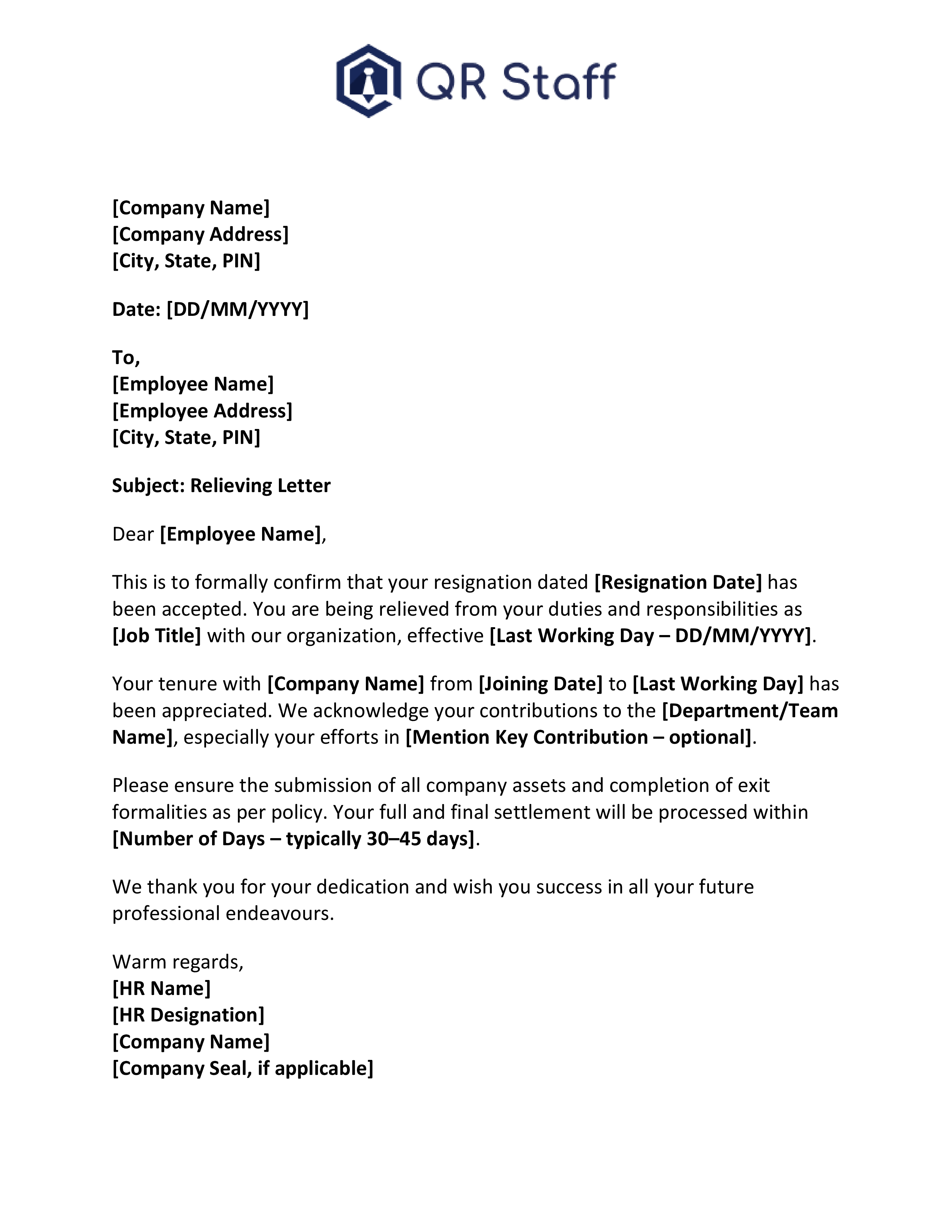 Relieving Letter for Office Job