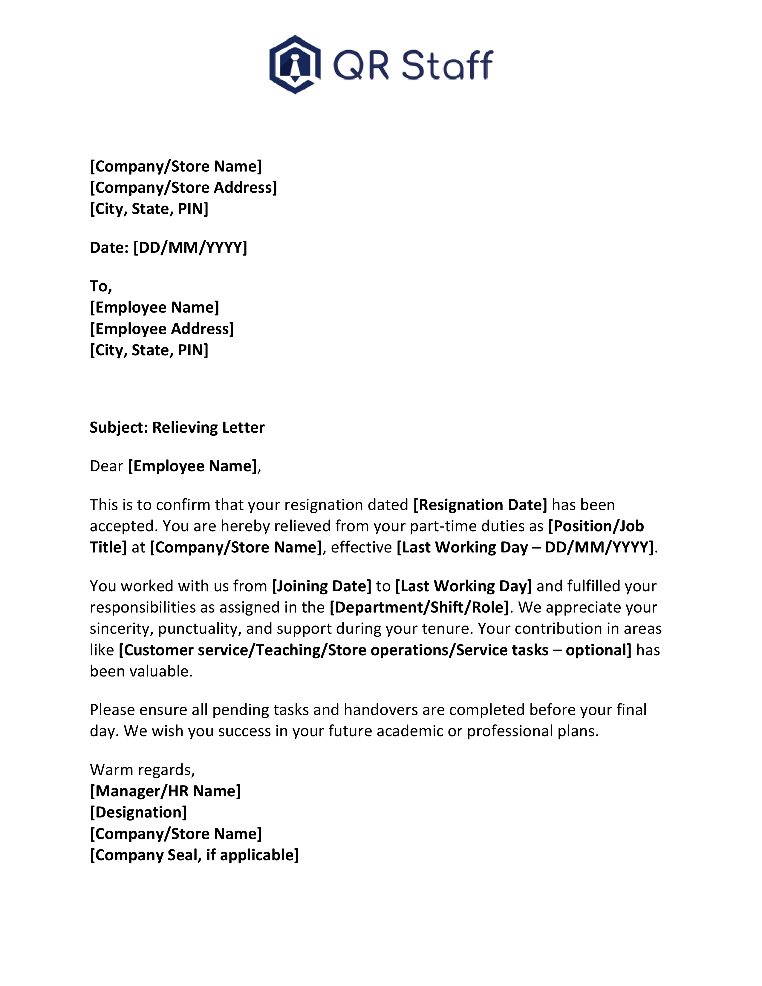 Sample Relieving Letter for Part-Time Job