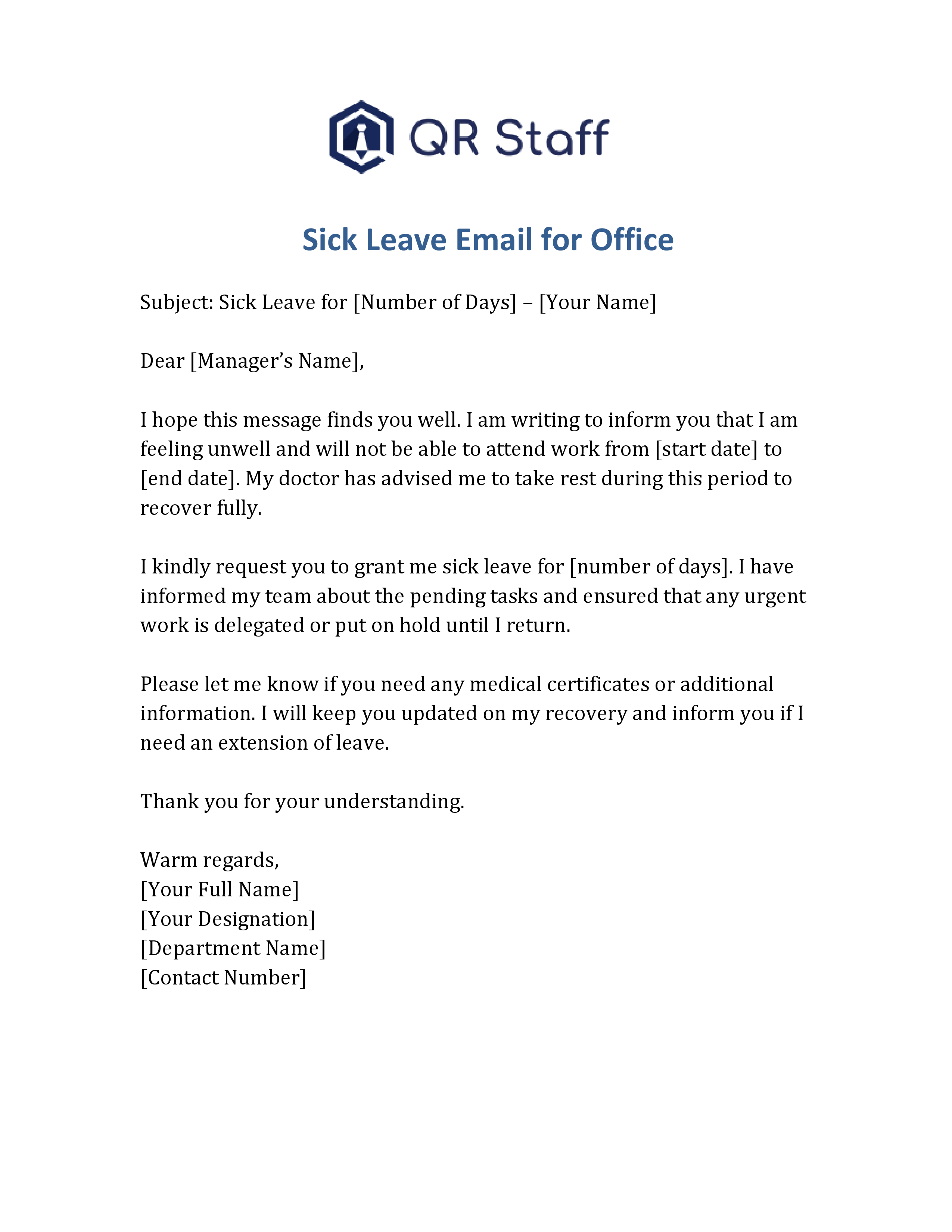 Sick leave Email format for the office