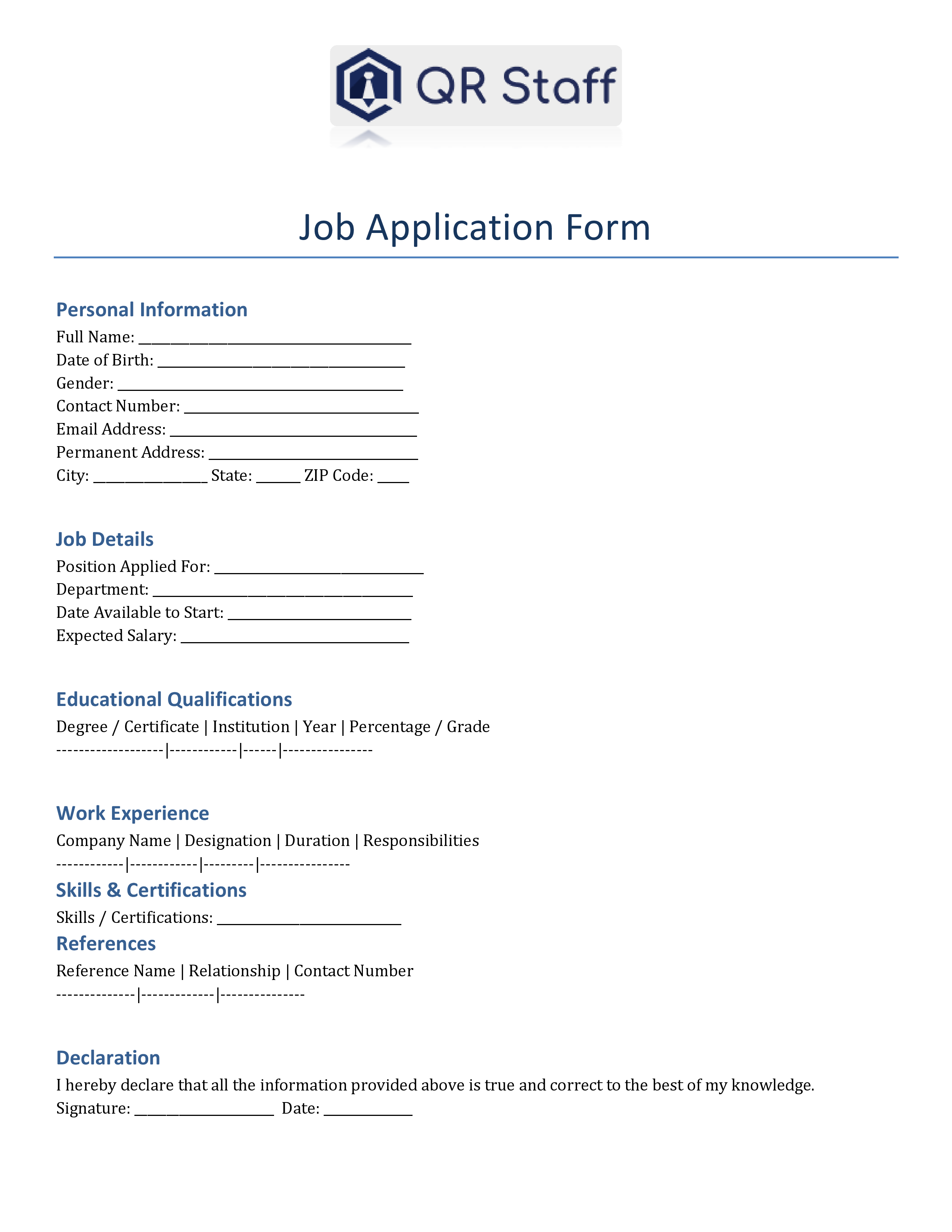 Format of Job Application Form