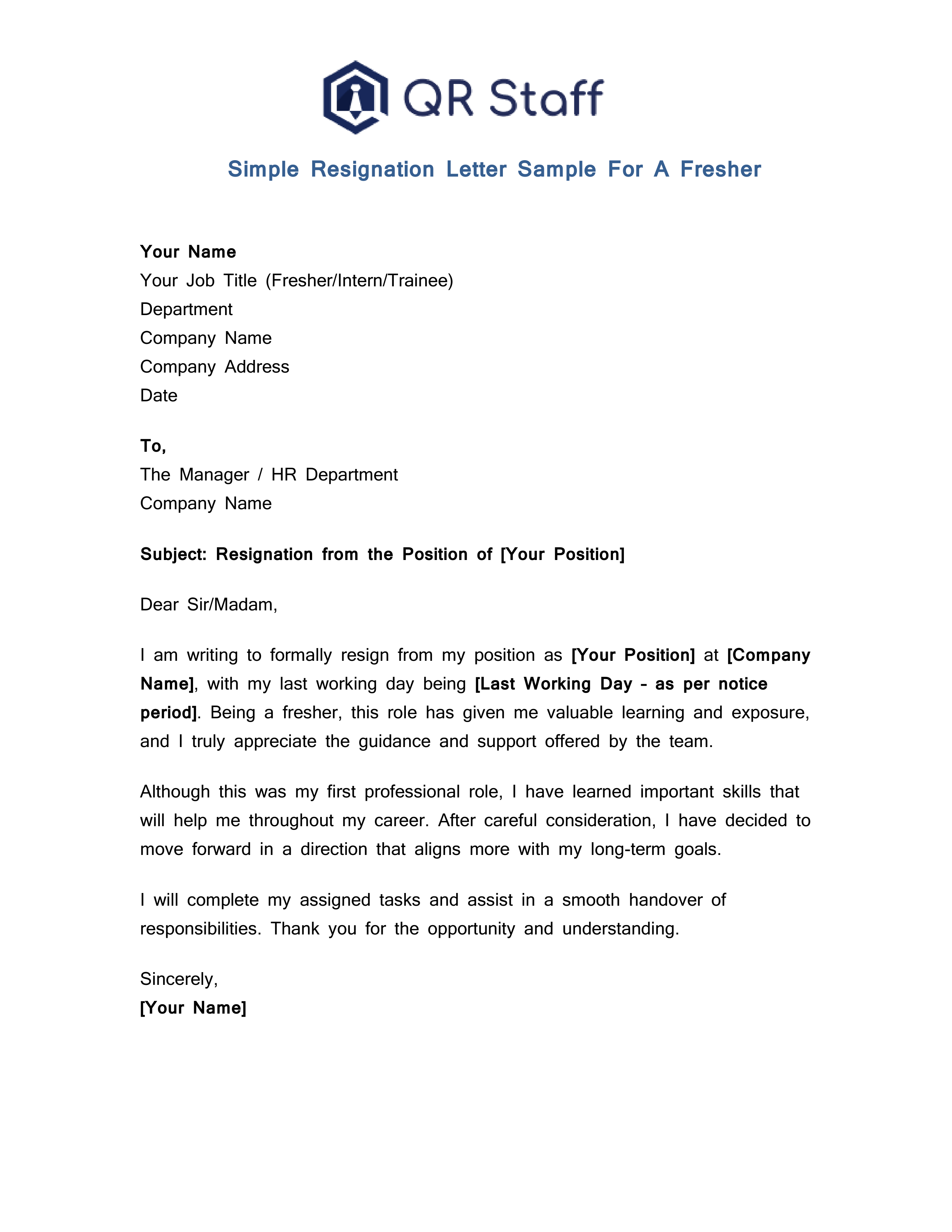 Simple Resignation Letter for Freshers