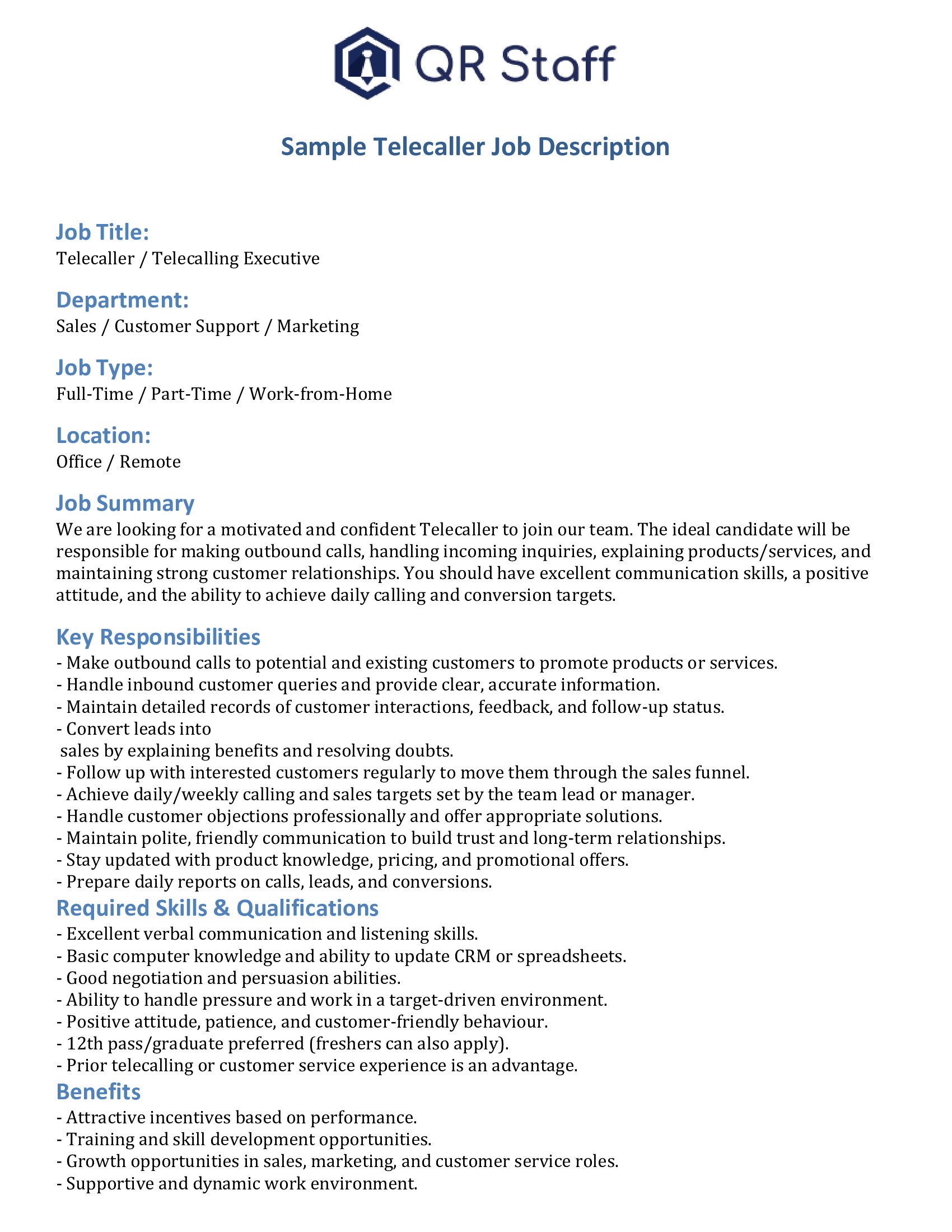 Sample of Telecaller Job Description