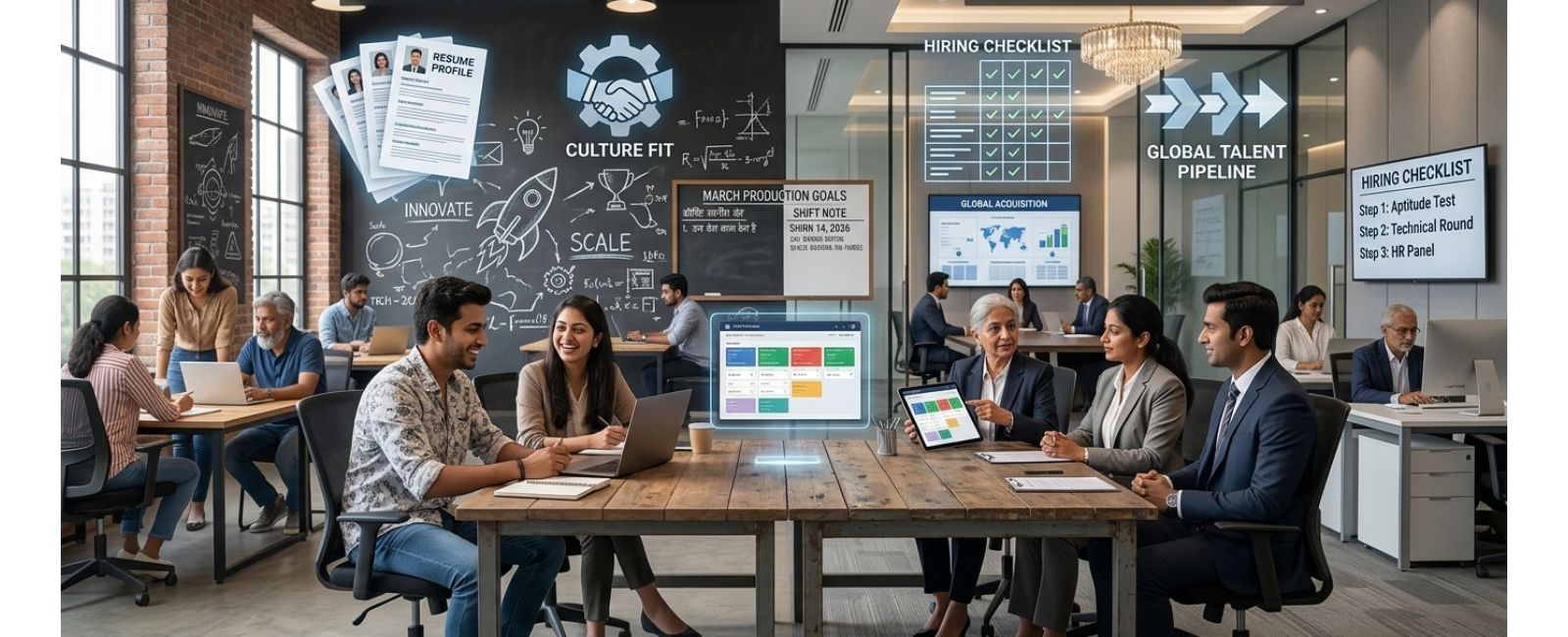 Recruitment strategies in HR Management for Startups vs Established Companies showing startup hiring and corporate HR interview process