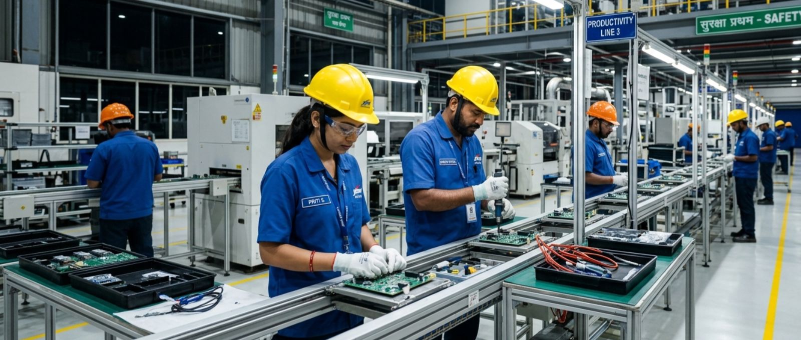 Night shift workers in Indian factory with safety equipment and organized workflow.