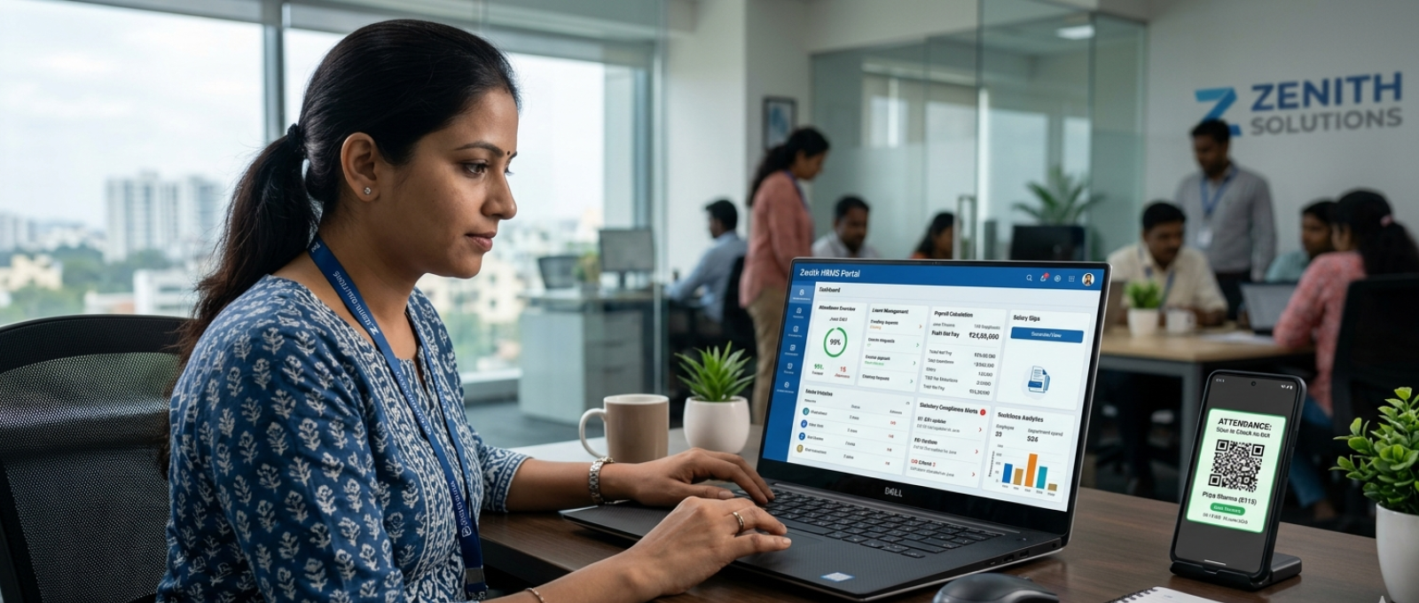 Payroll automation software dashboard with attendance tracking and salary management.