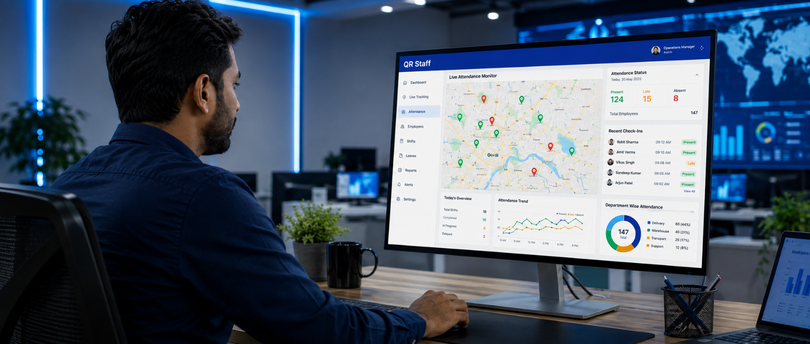 Operations manager viewing real-time delivery staff attendance dashboard