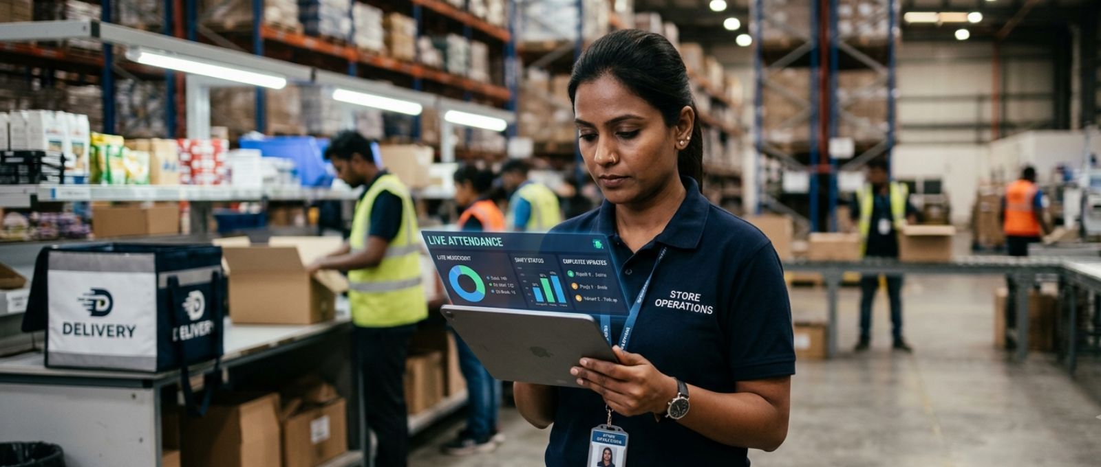 Dark store shift manager reviewing real-time attendance dashboard on a tablet